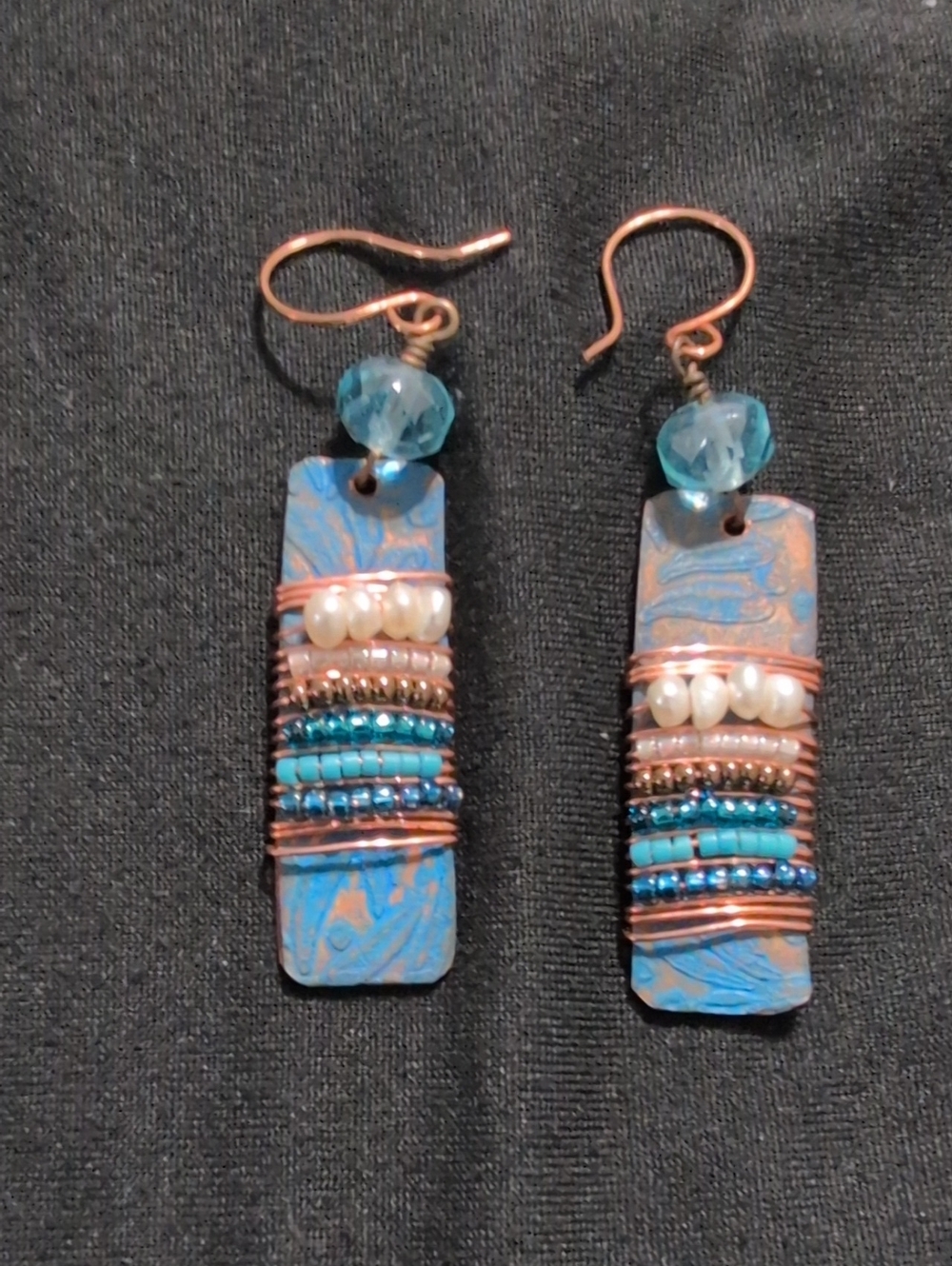 Blue Marbled Beaded Drop Earrings with Copper Wire